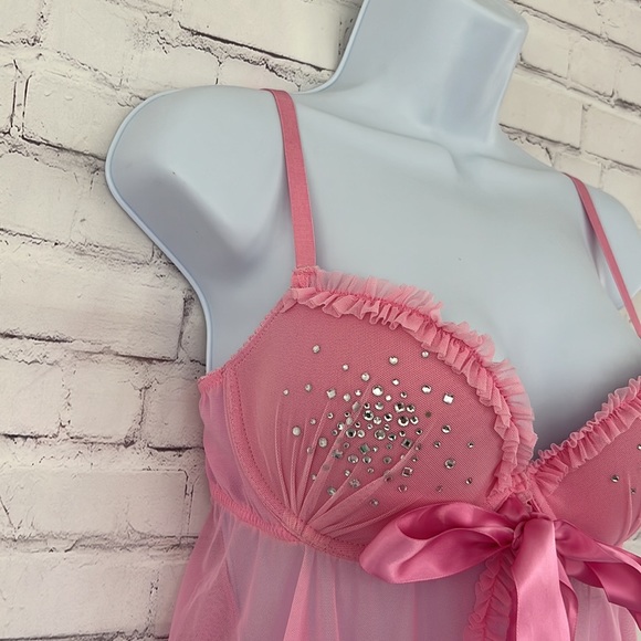 Sexy Little Things pink babydoll rhinestone lingerie top SZ 36C - Picture 6 of 10